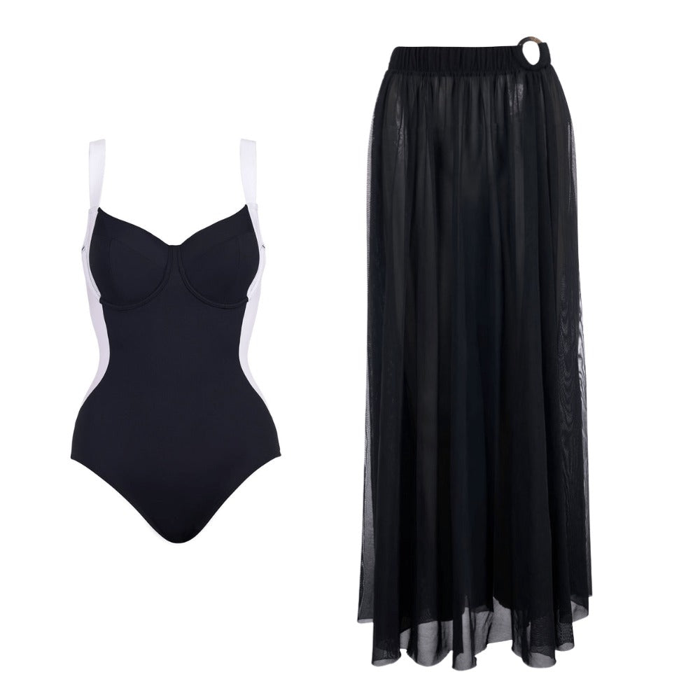 Tummy Control Black Sling Shaping One-Piece Swimsuit Set