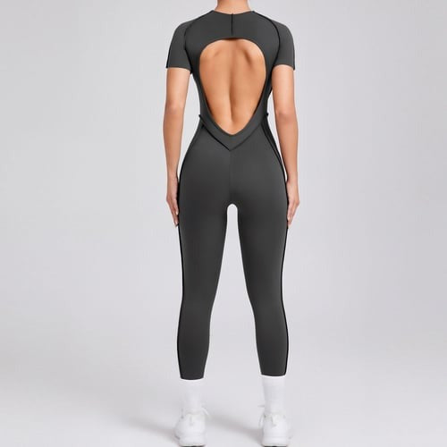 Reverse Line Sexy Backless Solid Color Short Sleeve Tight Jumpsuit