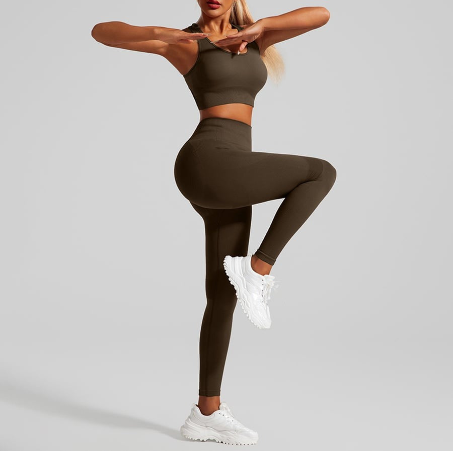 BREEHER Solid Color Hollow Seamless Peach Hip Lifting Fitness Yoga Bra&Legging Sets