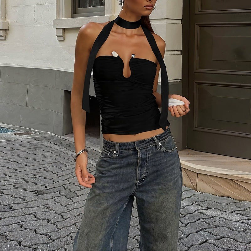 Ribbon Beaded Metal Ring Low-cut Solid Color Tube Top