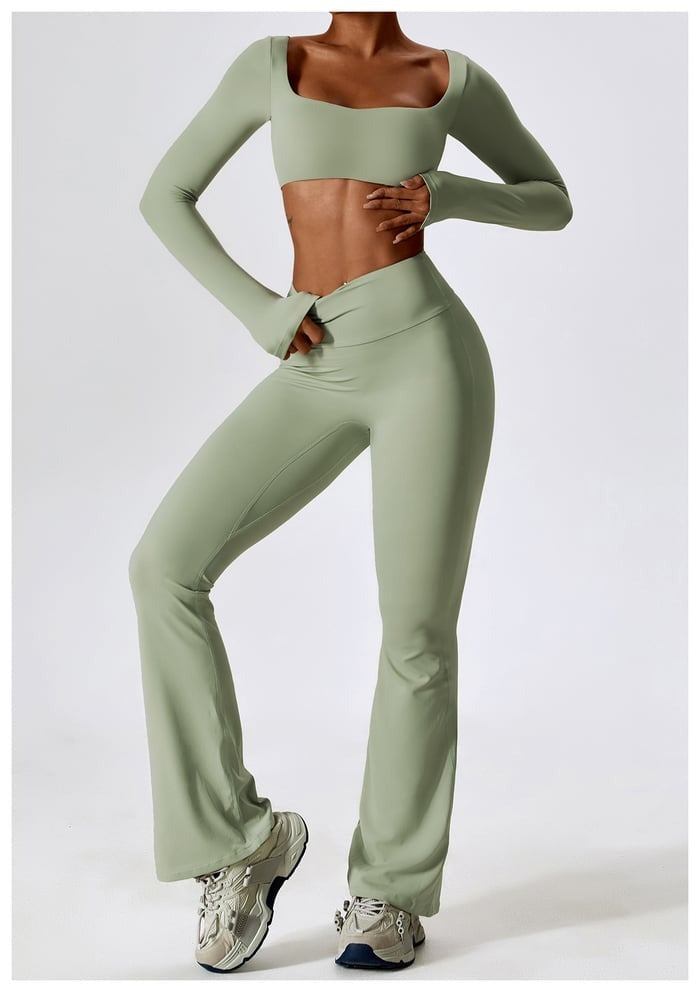 BREEHER Crop Top Long Sleeves Hip Lifting Two Piece Set Sports Suits