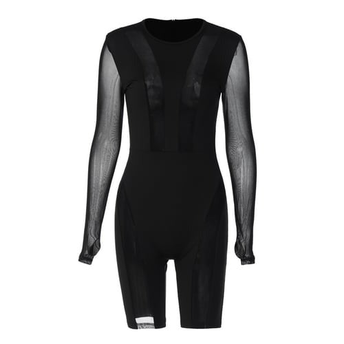 Sexy Mesh See-through Stitching Long-sleeved Zipper Hip Lifting Jumpsuit