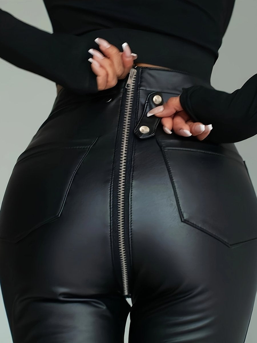 Female Faux Leather Zipper Buttons Pocket Leggings