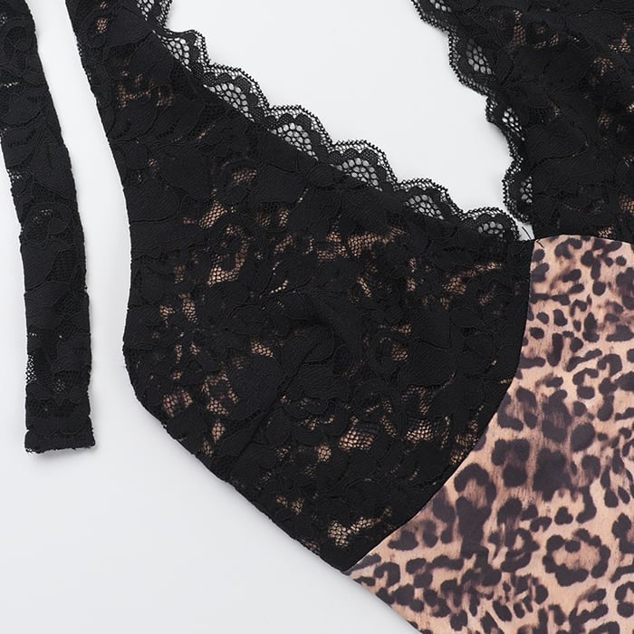 Sexy Deep V Leopard Print Lace Halter Jumpsuit