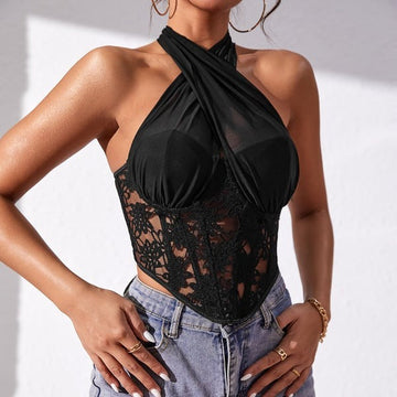 Sexy Lace Splice Halter Neck Tops