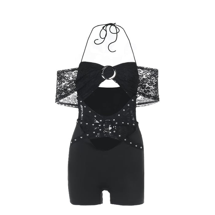 Sexy Lace Hollow Halter Neck Metal One-shoulder Splicing Jumpsuit Romper