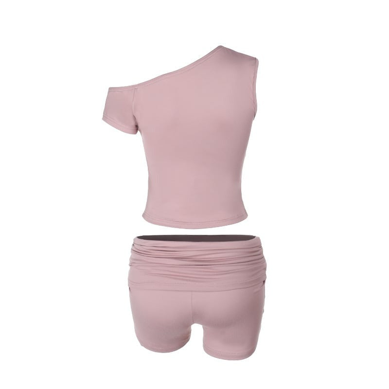 Sexy Off-shoulder Cropped Top & Gathered Shorts Yoga Set