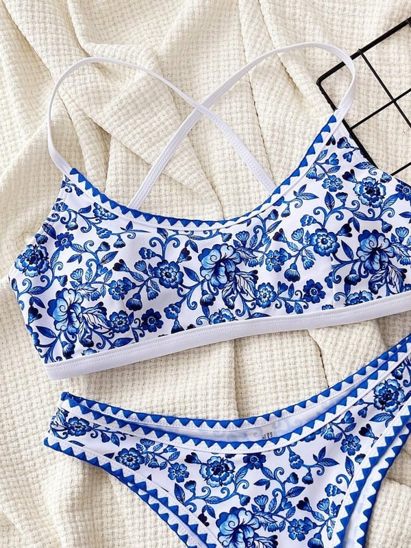Blue Floral Printed Bikini Swimsuit
