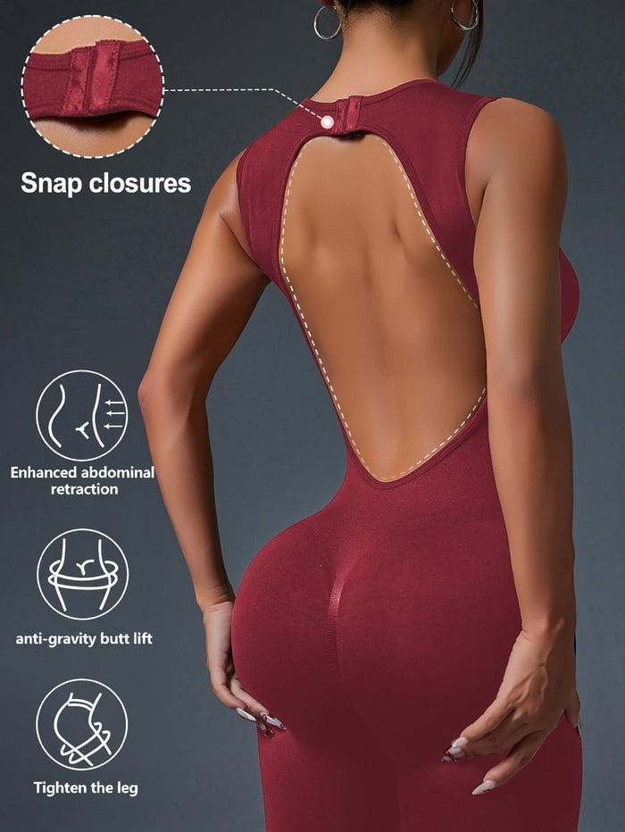 Snap Closures Backless Peach Hip Lift Yoga Jumpsuit