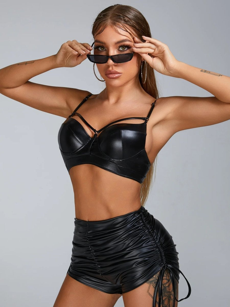 Female PU Faux Leather Folds Drawstring Spandex Gym Booty Shorts