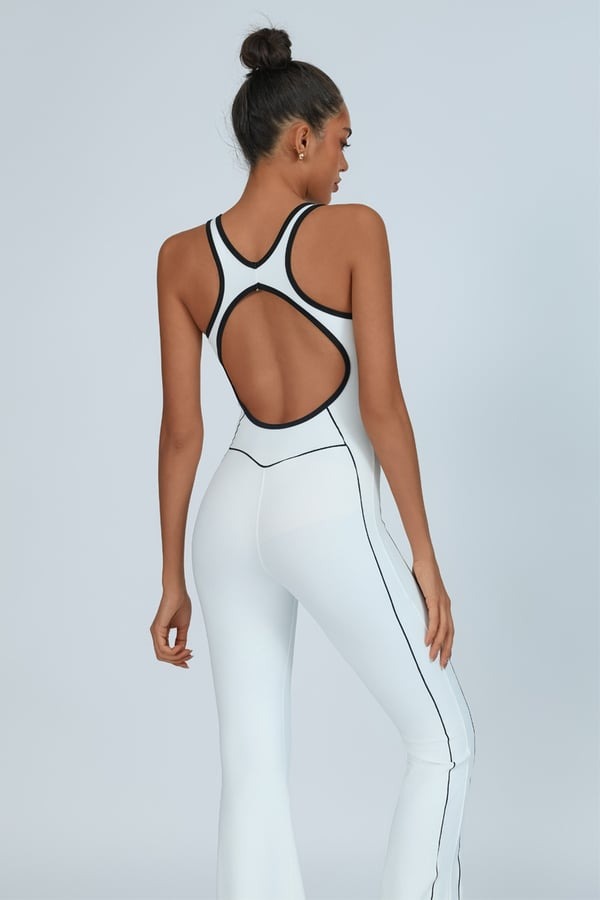 Backless Colorblock Nude Sports Fitness One-Piece Flared Jumpsuit with Chest Pad