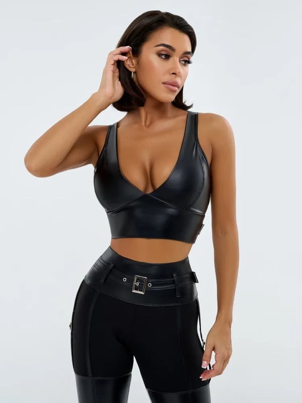 Sexy PU Deep V Cropped Yoga Bra Top