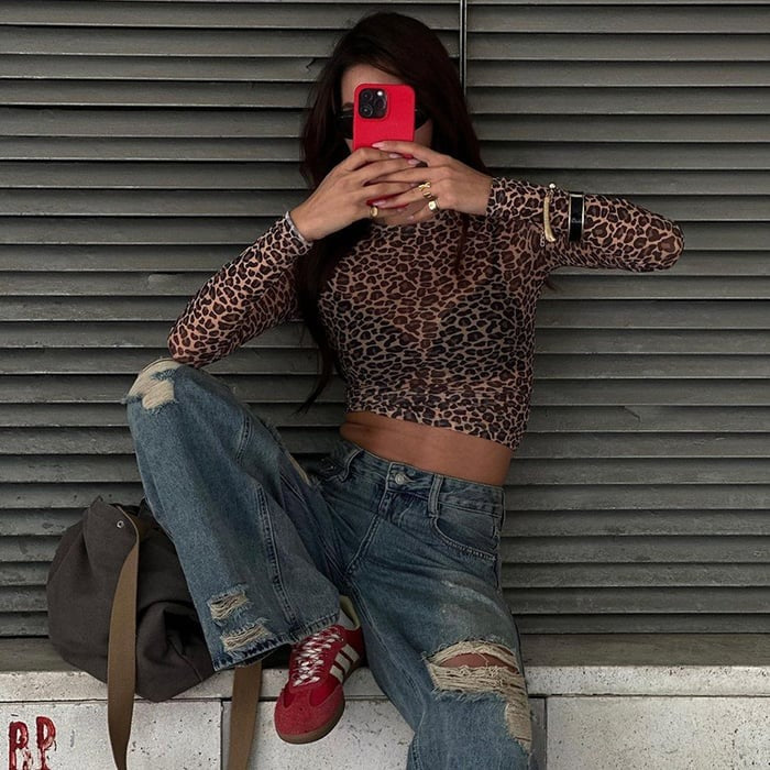 Sexy Leopard Print Mesh See-Through Long Sleeve T-Shirt Top